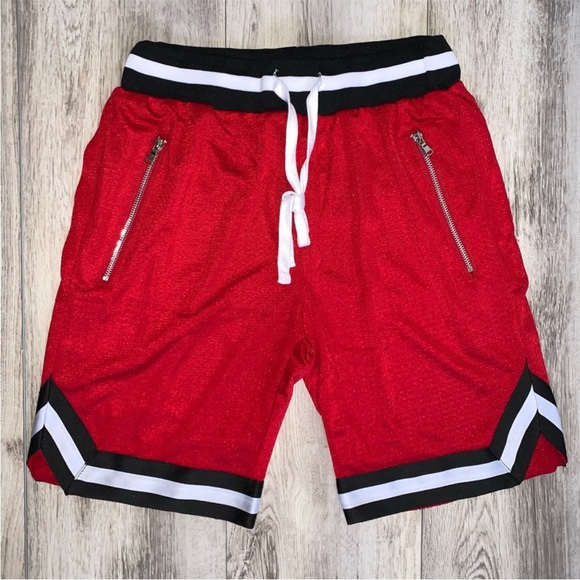 MENS RED STRIPE MESH BASKETBALL SHORTS - Picture 6 of 6